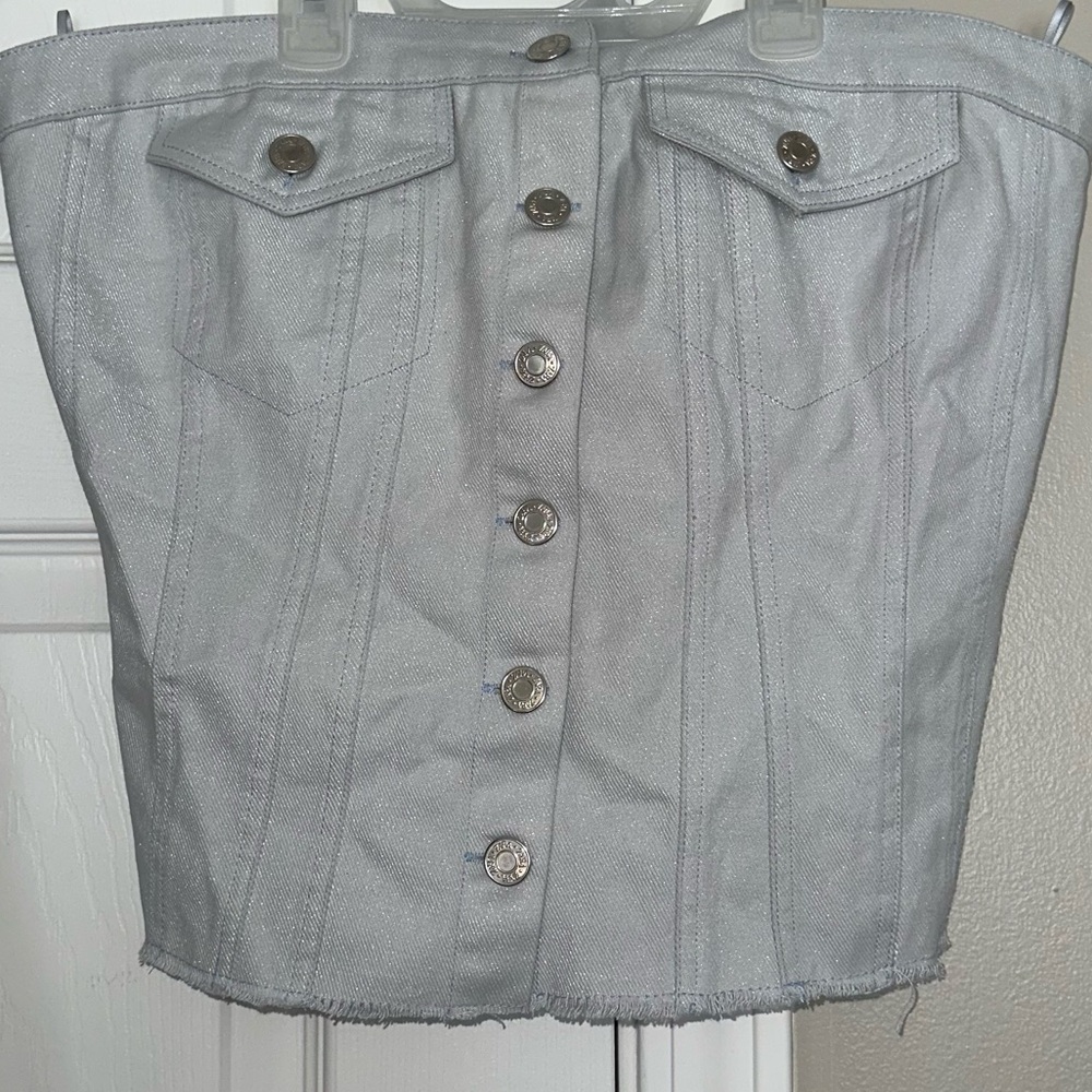 Zara Light Gray Smocked Denim Top